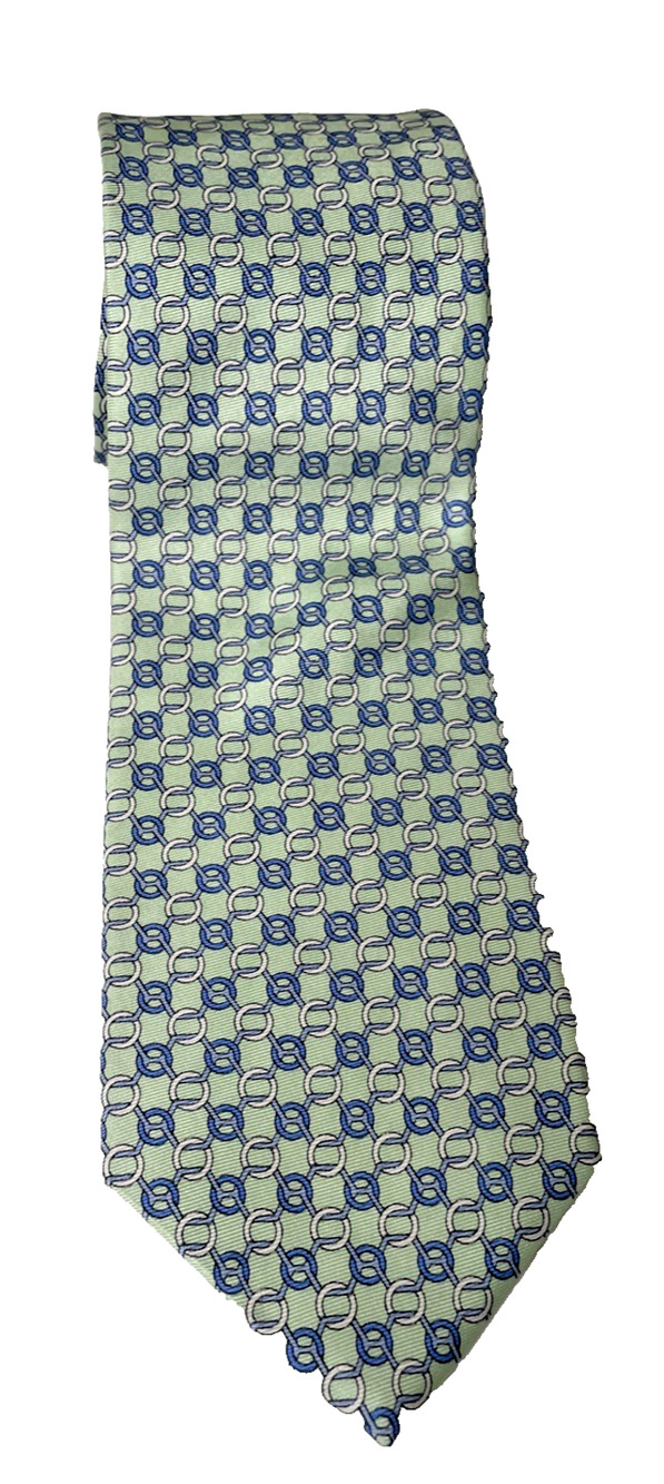 Brooks Brothers 346 Men’s 100% Silk Necktie Green Blue Chain Link Geometric